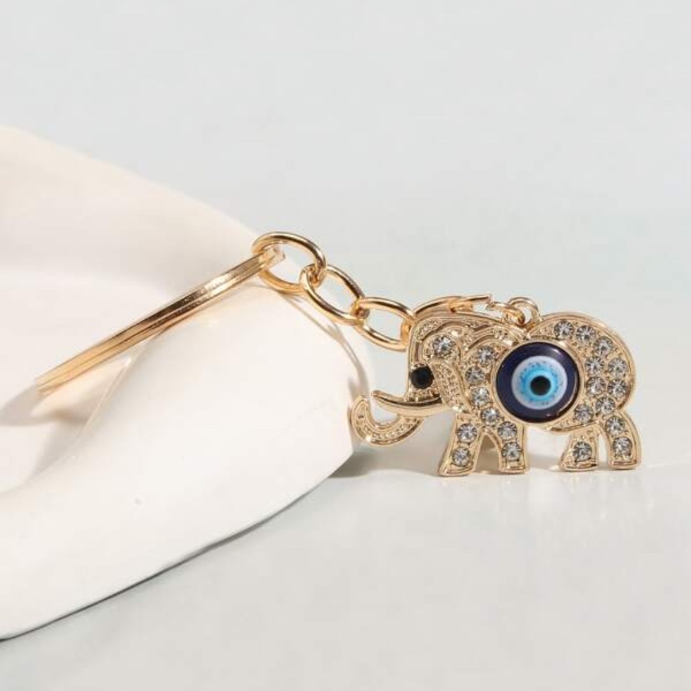 Rhinestone Evil Eye Elephant Charm Keychain
